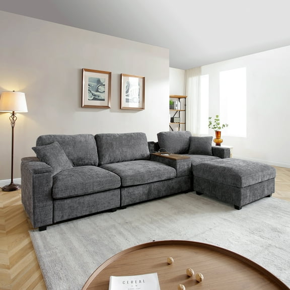 120.3" Sectional Sofa L-Shaped Oversized Couch, Wide Seat, Drop Down Table | Modular design with USB charger, storage, 360° rotating tray, cup holders—ideal for modern family living