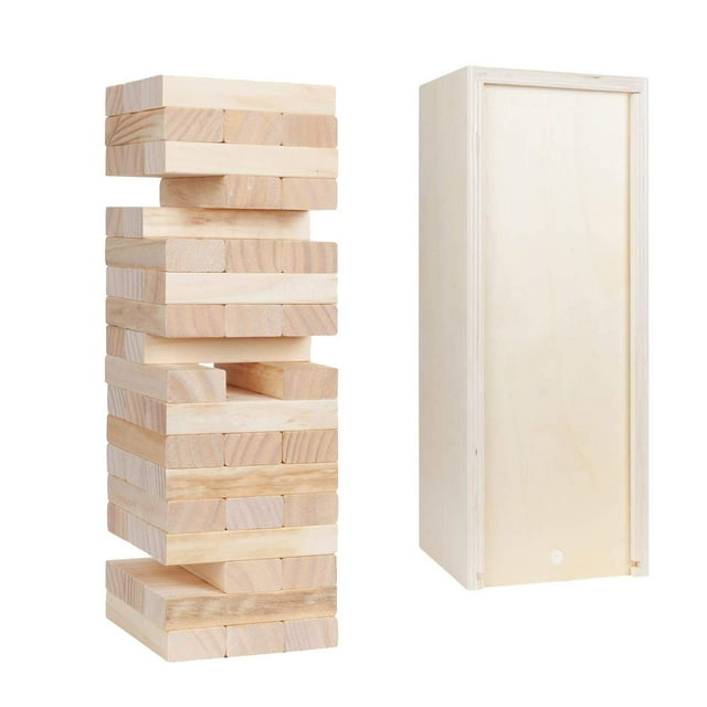 WE Games Wood Block Stacking Party Game that Tumbles Down - 12 in. Wooden Box - 54 Blocks