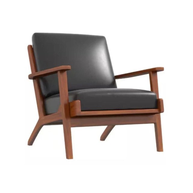 Casic Lounge Chair With Genuine Leather And Solid Wood Frame featuring a mid-century modern design with black genuine leather cushions and a warm brown solid wood frame, angled armrests, and a slightly reclined backrest, ideal for living room seating and often used as a comfortable reading chair.