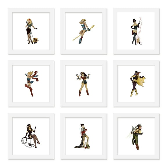 Gallery Pops DC Comics Bombshells - The Justice League Pinups Wall Art Bundle (9-Pack), White Framed Version, 12" x 12"