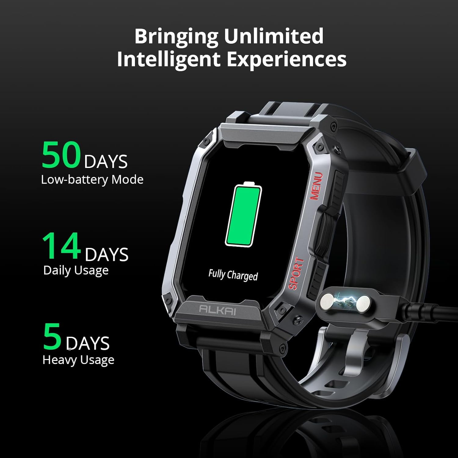 ALKAI Smart Watch Rugged and Military with 5ATM Waterproof Bluetooth Call(Answer/Dial Calls) AI Assistant, Long-Lasting Battery Life, Multiple Sports Tracking, 2.02'' HD Display