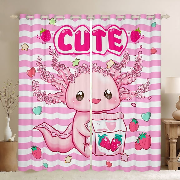 Manfei Girls Pink Blackout Curtains Set of 2 (52x84 Each), Cute Axolotl Window Curtains, Strawberry Stripe Curtains and Drapes, Luxury Bedroom Decor