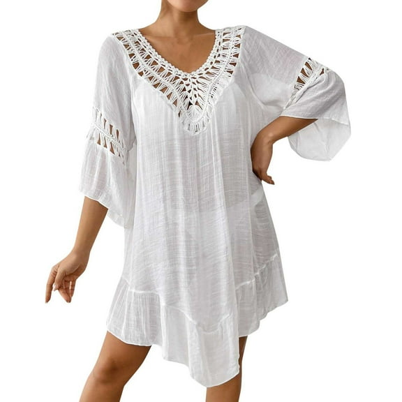 Womens Swimsuit Cover Up Crochet Beach Bikini Cover Up Dress Sexy Backless V Neck With Fringe Detail Floral Patchwork Vacation Dress White Womens Swimsuits
