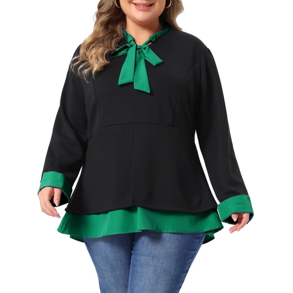 Agnes Orinda Women's Plus Size Bow Tie Neck Color Block Top 2 In 1 Long Sleeve Soft Casual Office Blouse 2X Green