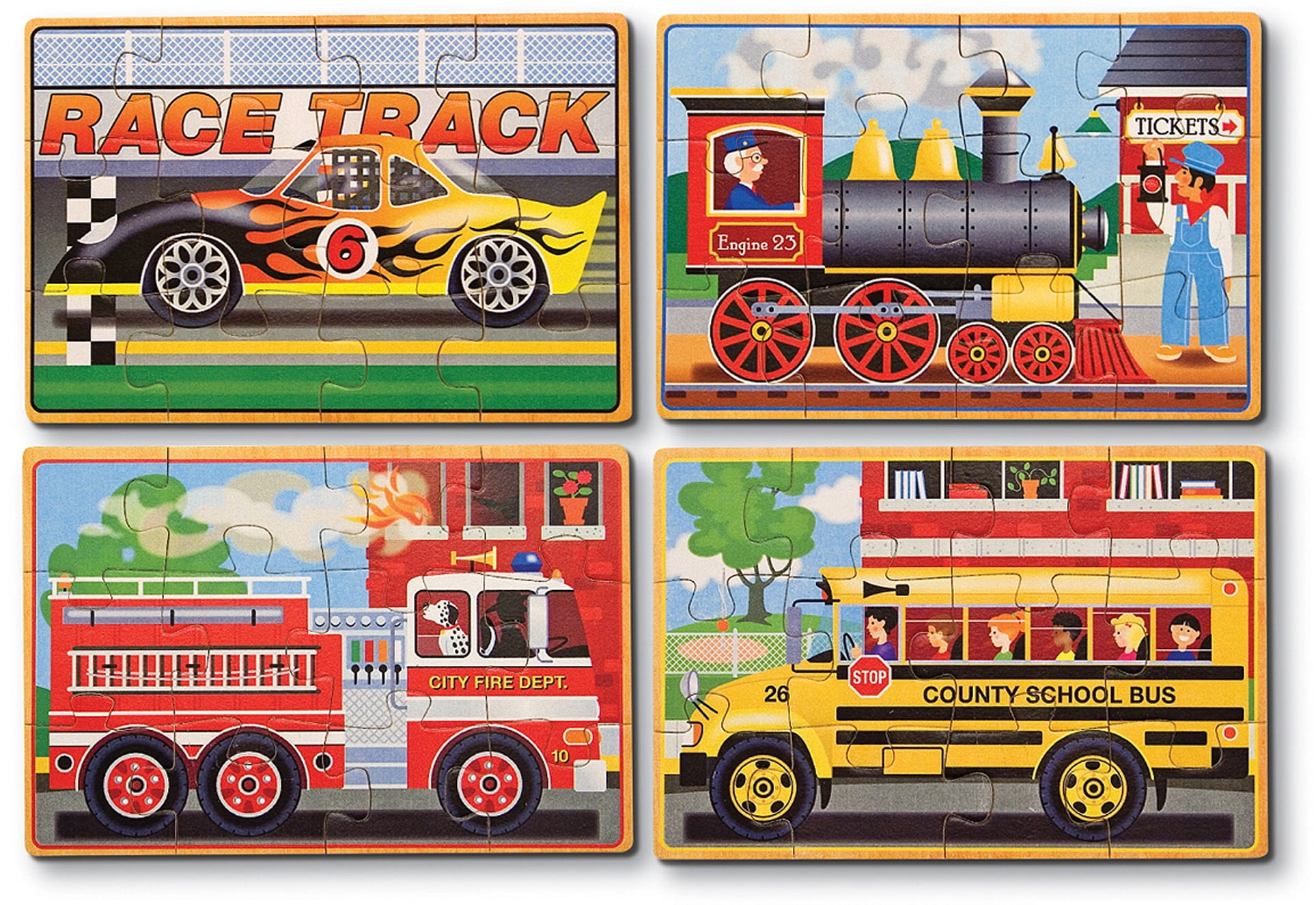 Melissa & Doug Vehicles 4-in-1 Wooden Jigsaw Puzzles in a Storage Box (48 pcs) - FSC Certified
