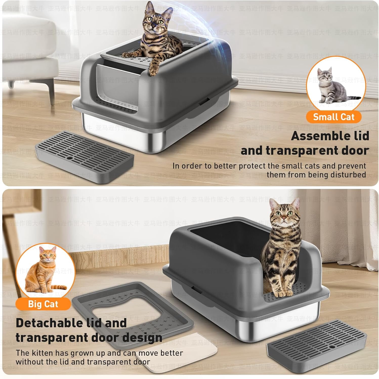 Stainless Steel Litter Box Large Metal Cat Litter Box with Lid Metal Litter Box High Wall Sides Enclosure,Non-Sticky,Anti-Leakage,Easy Cleaning