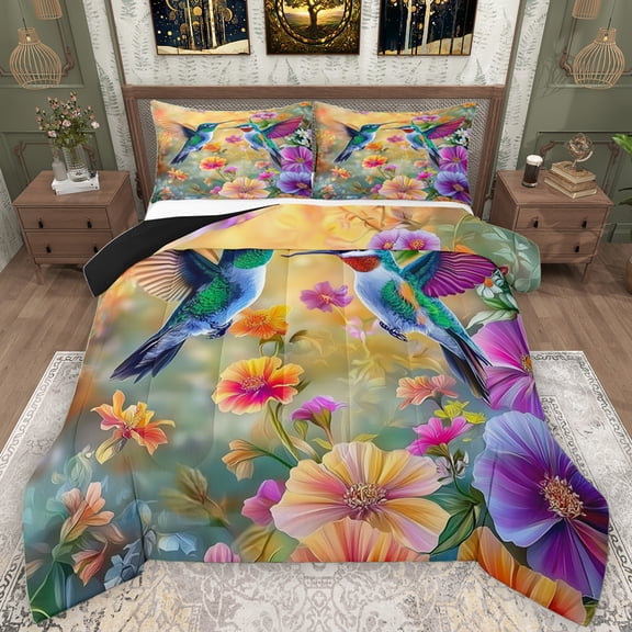 Manfei 3D Hummingbird Women Full Size Comforter Sets, Vintage Flower Floral Bedding Comforter Set, Kawaii Jungle Bird Reversible Bedding Sets, Breathable Home Decor, 3 Pieces