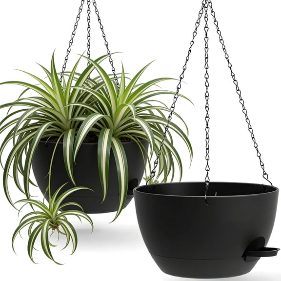2 Pack Large Self Watering Hanging Planters - Black Plastic Hanging Baskets with Removable Reservoir for Indoor Outdoor, Window, Balcony & Garden