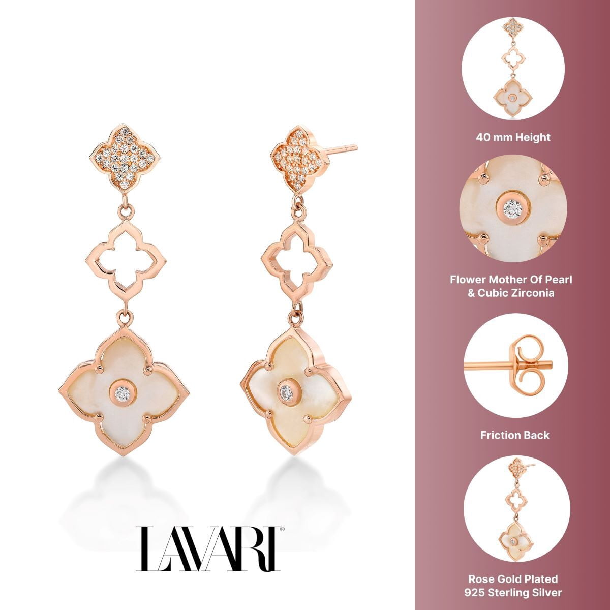 Mother of Pearl and Cubic Zirconia Three Flower Drop Dangle Earrings in 925 Sterling Silver with Rose Gold Plating Friction Back by Lavari Jewelers