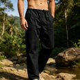 thumbnail image 2 of GrmtClth Men's Breathable Linen Trousers Loose Baggy Silhouette Elastic Drawstring Waist Multi Pocket Summer Yoga Casual Bottoms Black M, 2 of 7