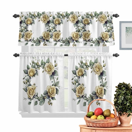 Yellow Rose Kitchen Curtains Valances 3 Piece Set Spring Green Floral Leaf Wreath Flower Hand-painted Style Rod Pocket Tier Curtain & Valance Drapes for Small Window 24 Inch Length for Bedroom Cafe