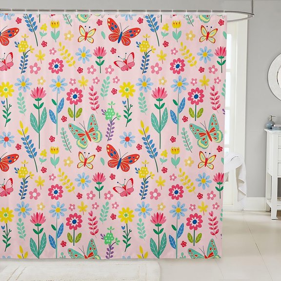 Pink Butterfly And Floral Shower Curtain 71x71 inches