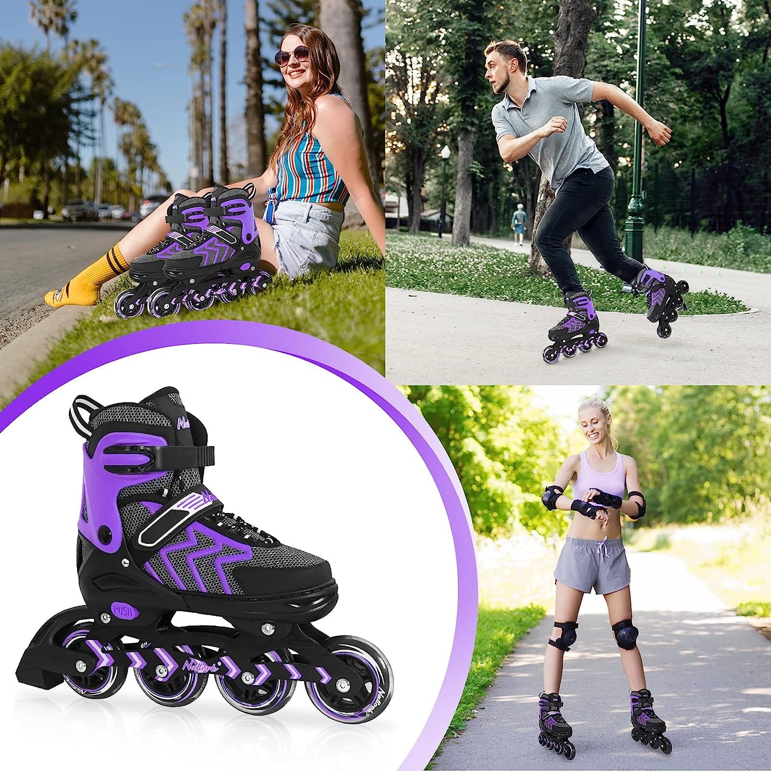 SubSun Inline Skates for Adults Men Women Adjustable Aggressive Durable Roller Blades with Giant Wheels Purple L