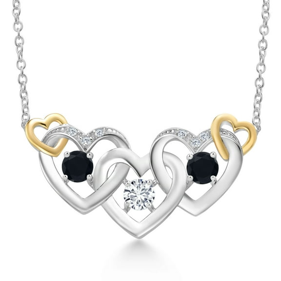 Gem Stone King 925 Silver and 10K Yellow Gold White Lab Grown Diamond and Black Onyx Heart Shape Pendant Necklace for Women (0.77 Cttw, with 18 inch Chain)