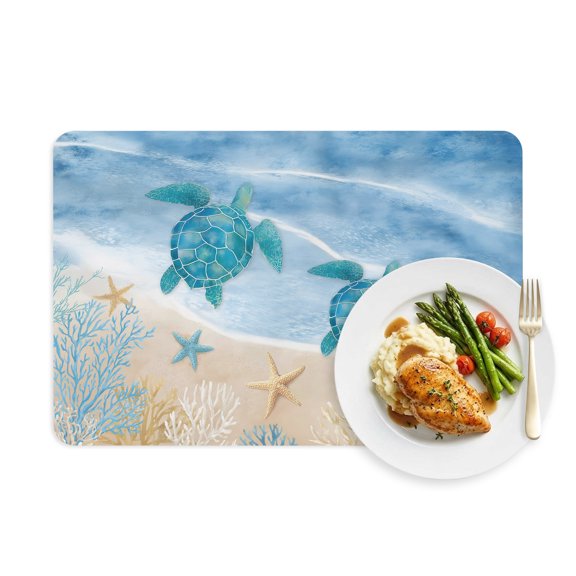 Placemats Set of 1, Blue Ocean Wave Sea Turtle Faux Leather Placemat Waterproof Wipeable Table Mats 12x18in, Seaside Starfish Coral Washable Place Mats for Kitchen Dining Table Party Outdoor