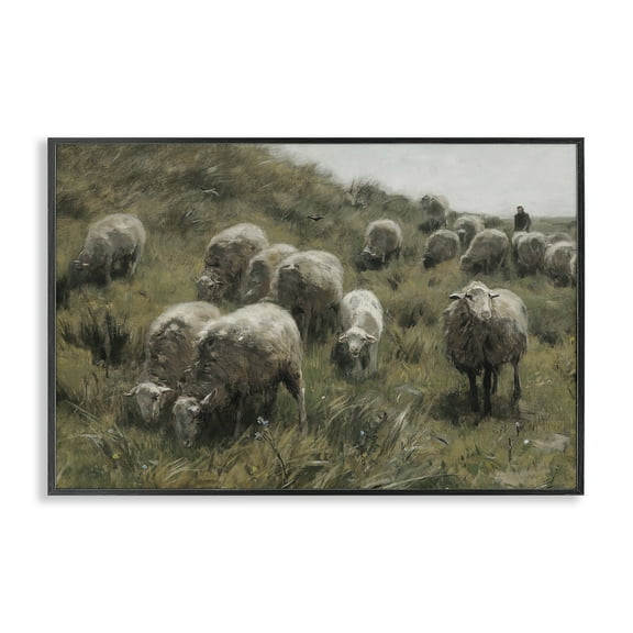 Stupell Industries Sheep At Pasture Landscape Painting Black Framed Art Print Wall Art, 18 x 12