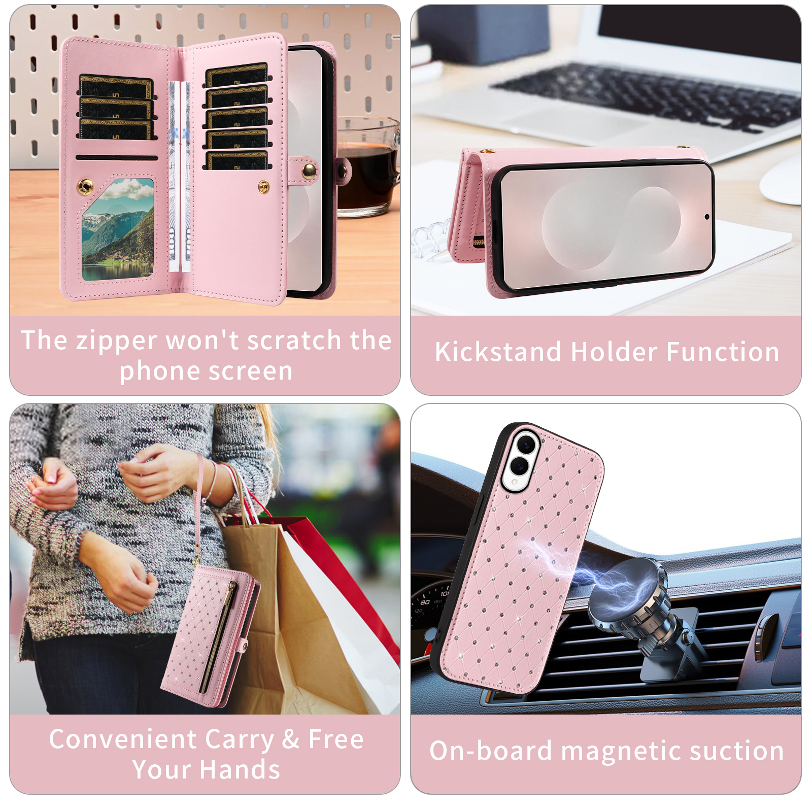 Asuwish Phone Case for Samsung Galaxy S25 Edge 5G Zipper Wallet Detachable Cell Cover with Tempered Glass Screen Protector Crossbody Lanyard Strap Bling Glitter Flip Card Holder Slot S25Edge Pink