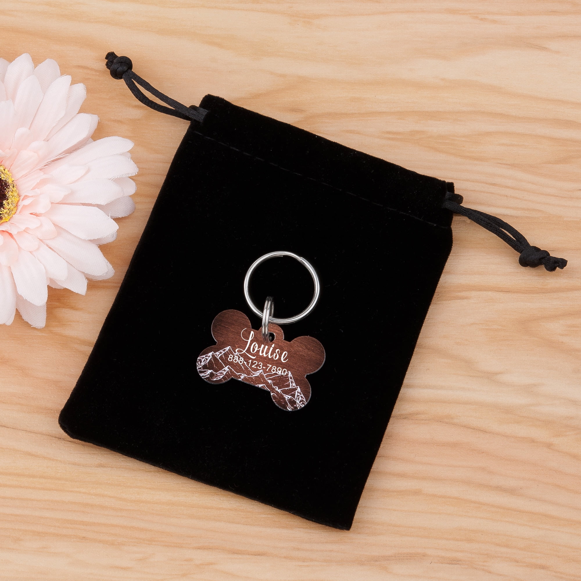 Engravable Wood Dog Tag, Personalized Wood Mountain Dog Tag, Dog Bone Pet ID Collar Tag, Custom Dog Tag, Engravable Aluminium Tag For Dog or Cat, with Velvet Pouch Ships Next Day!