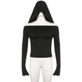 thumbnail image 4 of Casual Sophisticated Women's Bare Shoulder Cowl Neck Hooded T-Shirt Long Sleeves Solid Color Ruched Bodycon Crop Top, 4 of 9