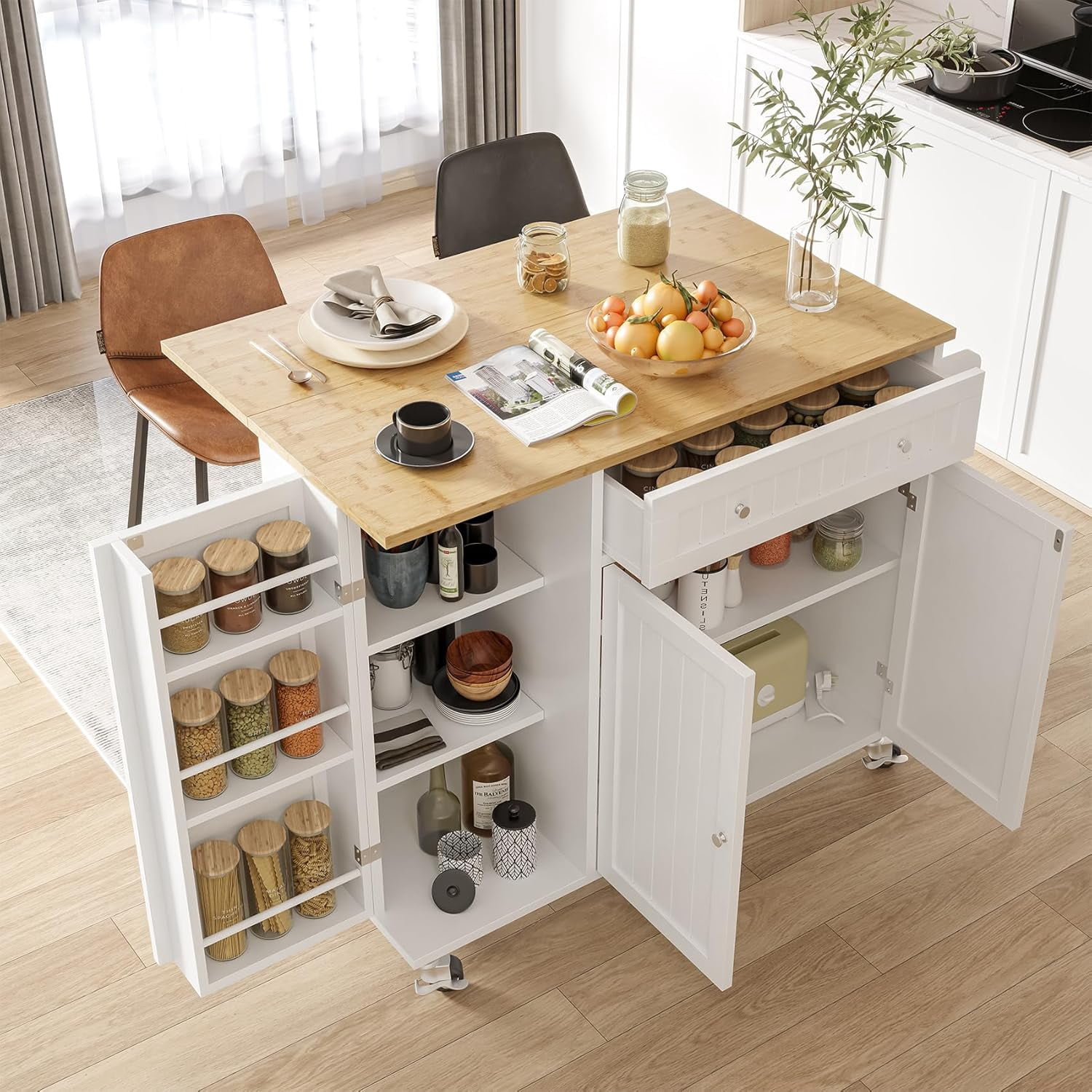HAUXITIO 41.3" Kitchen Island with Drop Leaf,Towel Rack,Large Capacity Rolling Cart with Spice Rack and Storage,White