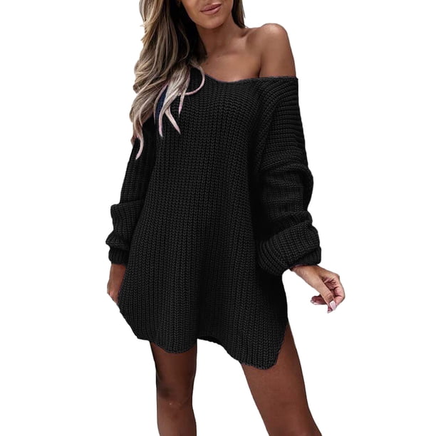 Gibobby Suéter de invierno para mujer, Suéter holgado de punto con cuello en V, para mujer, casual, ligero(Negro,G)