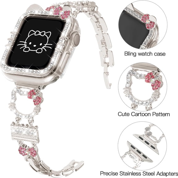 YUYAN-Bling Bracelet Band with Protector Case Compatible with Apple Watch Bands for Women iWatch Series 11 10 46mm 42mm,Series 9 8 7 41mm 45mm,Series 6 5 4 SE 40mm 44mm,Cute Cartoon Jewelry Metal Str