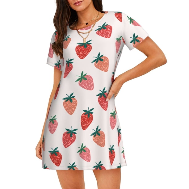Easygdp Hand Drawn Strawberry Camisón de manga corta para mujer, informal, estampado