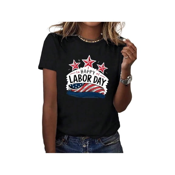 Women's Festive Labor Day T-Shirt – Red With _HAPPY LABOR DAY_ Print, Comfort Fit, Short Sleeve, Round Neck, Casual Style, Machine Washable ,100% Cotton, Casual American Minimalist
