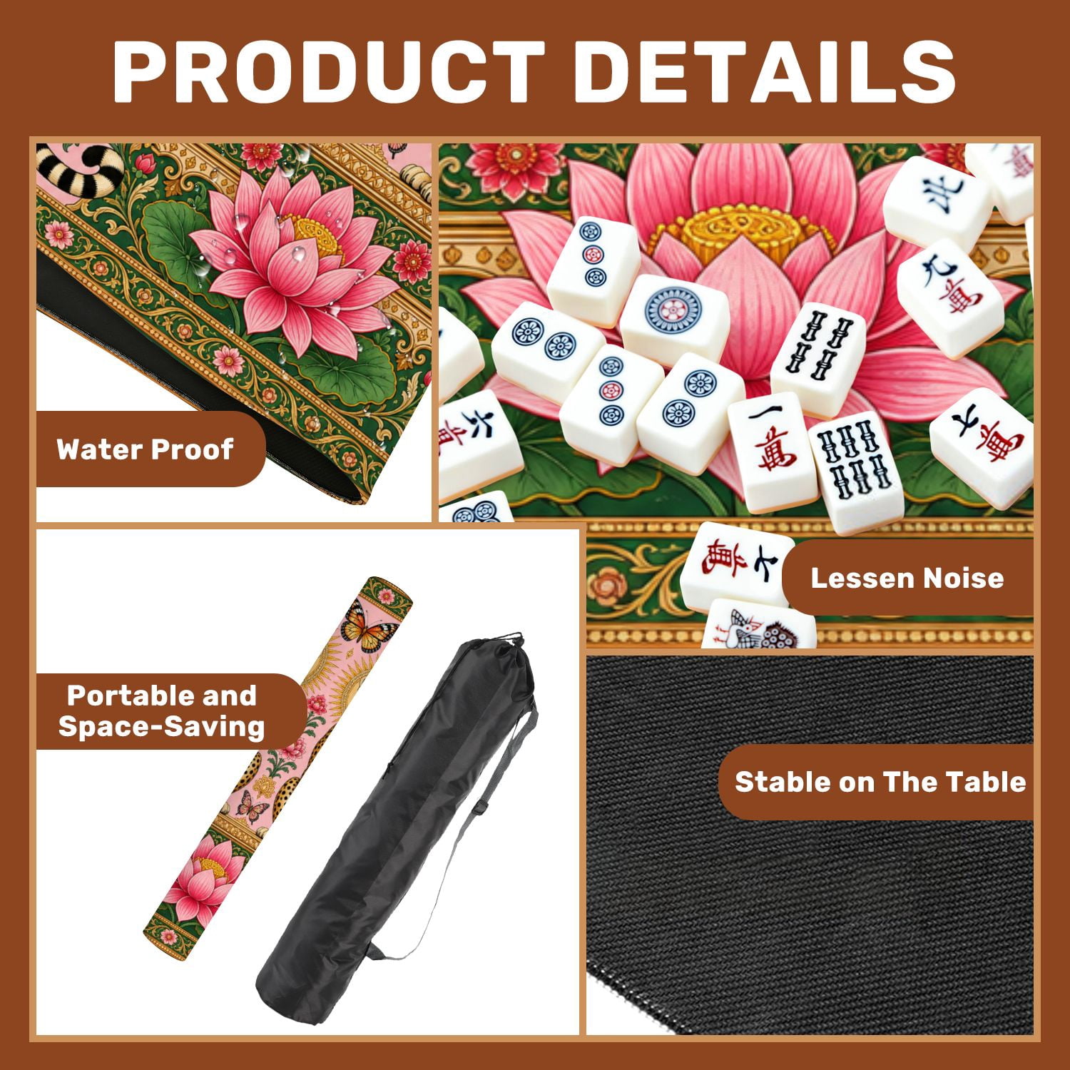 Mahjong Mat 31.5" x 31.5" Twin Leopards Golden Sunburst Floral Elements Pink Pastel Design Non-Slip Noise Reduction Chic Portable Gaming Table Cover for Family Game Night & Gift