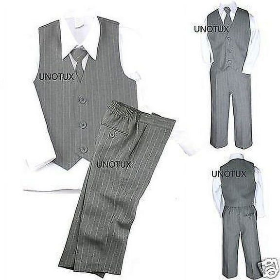 New 4PC Vest Set Baby Toddler Boy Pinstripe Formal Wedding Tuxedo Suit Gray S-20