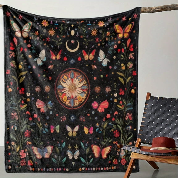 Vintage-Inspired Floral and Butterfly Print Throw Blanket, Cozy Soft Flannel Knitted Polyester, Digital Print Warm Throw for Sofa, Bed, Travel, and Camping