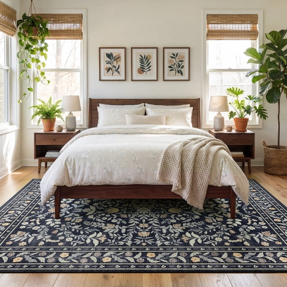 Area Rug 5'x7' for Living Room, Washable Floral Low-Pile Rug, Soft Non-Slip Carpet for Bedroom, Dining Room, Entryway, Hallway, Black