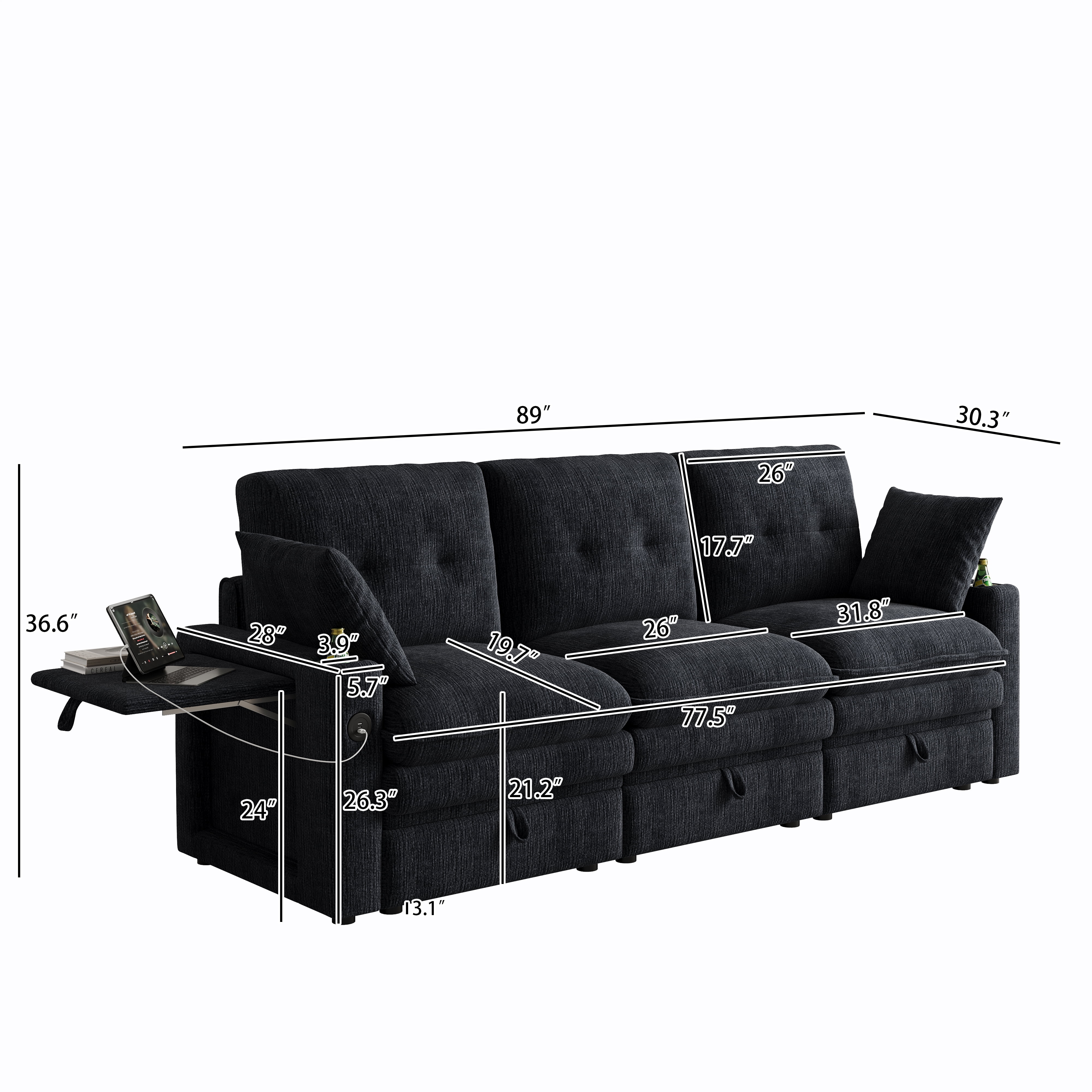 AISWORD 89" 3-in-1 Convertible Pull Out Sofa Bed, 6 Position Adjustable Sleeper Couch with USB Ports, Laptop Table, Cup Holders & Side Storage Pockets, Black