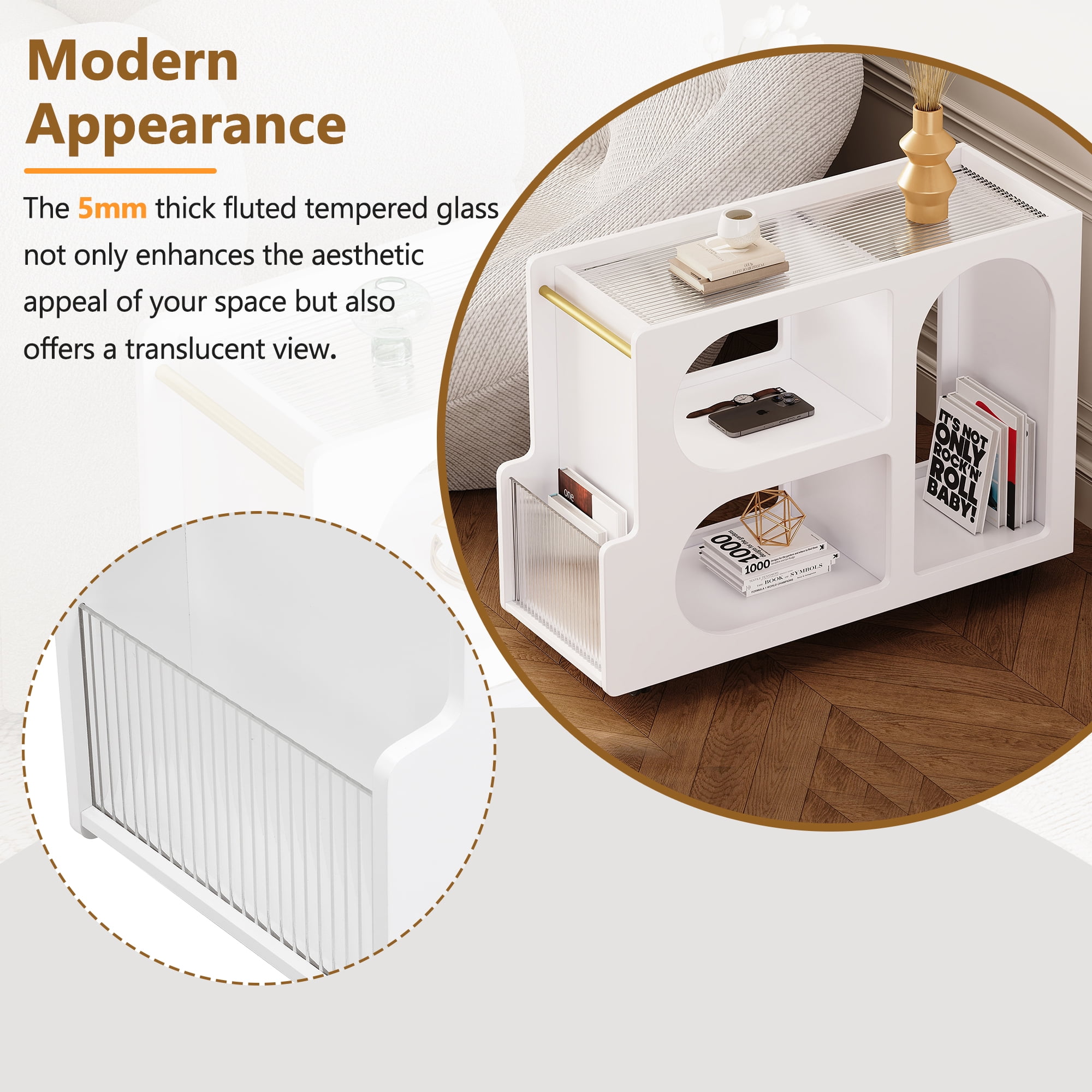 MAYEERTY Mobile End Table with Lockable Wheels, Narrow Coffee Table, Modern Nightstand for Living Room, White