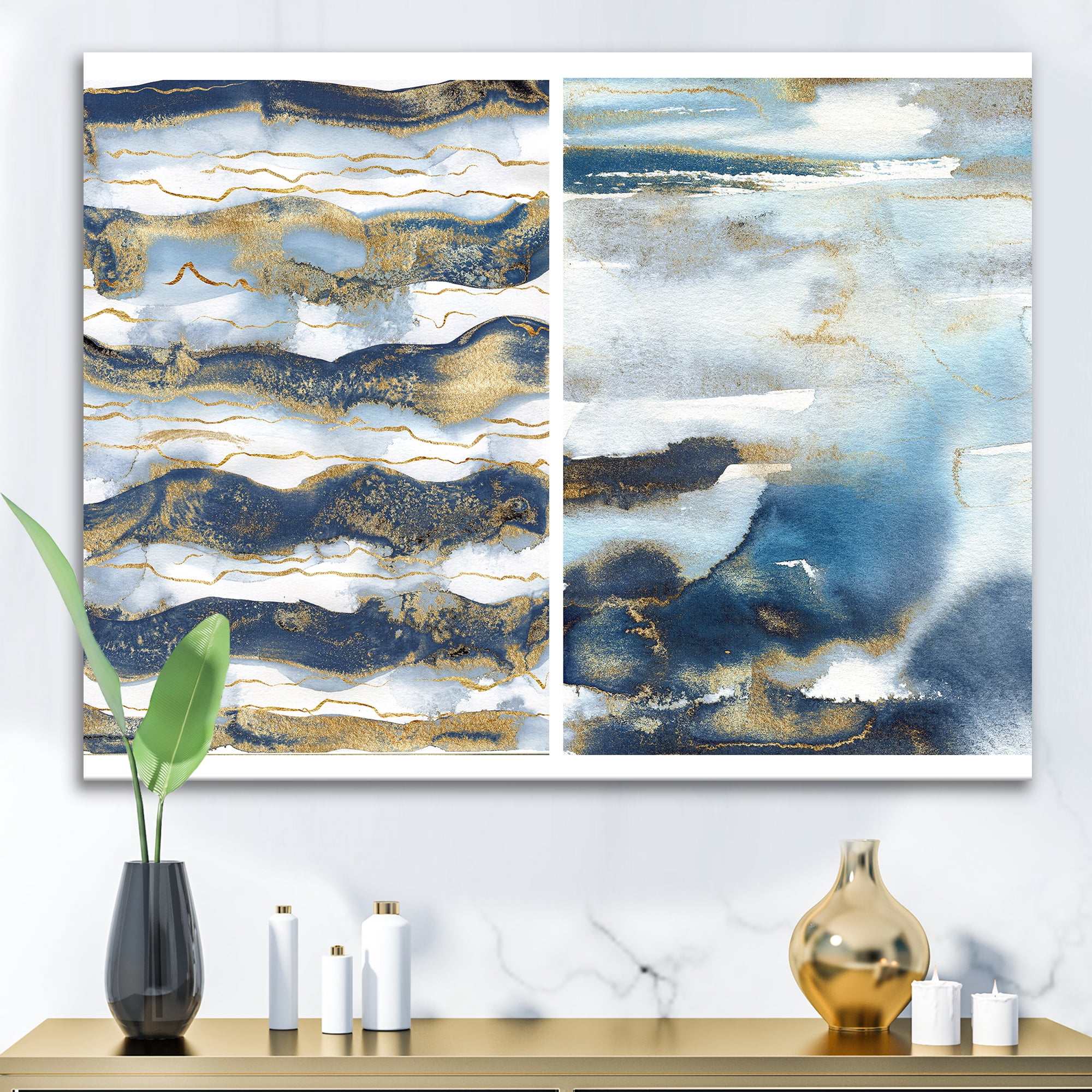 Designart ' Gold and Dark Blue Abstract Waves II ' Modern Canvas Wall Art Print