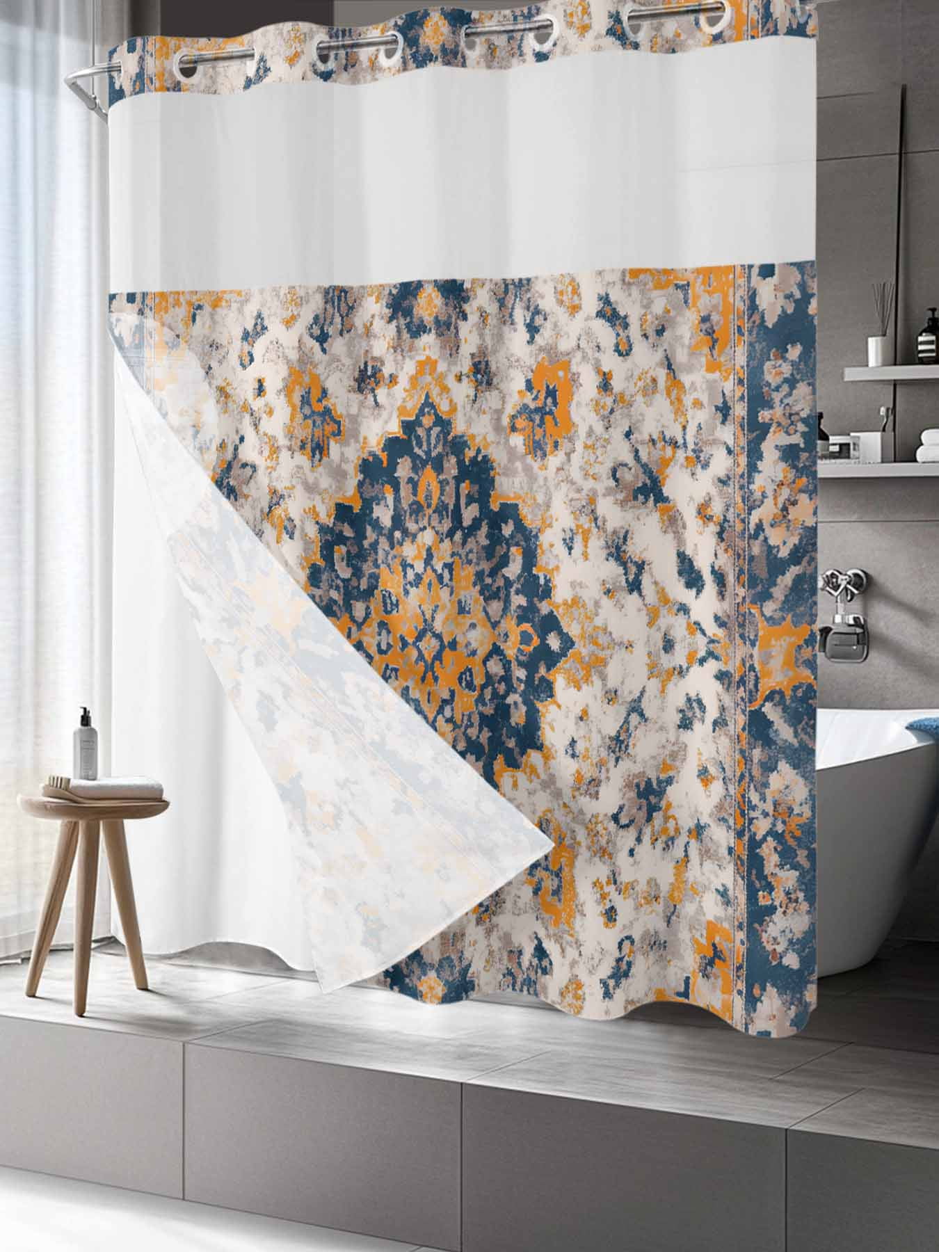 No Hook Shower Curtain, Boho Chic Ethnic Long Bathtub Curtains with Snap in Liner, Orange Blue Vintage Tribes Waterproof Washable Fabric Bathroom Curtain Sets, 72"W x 78"L