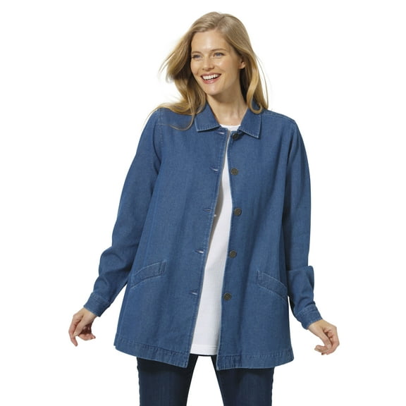 Woman Within Plus Size Pleat-Back Denim Jacket Long Oversized Jean Coat