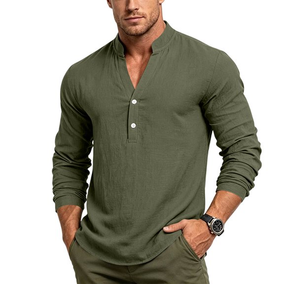 IAJDKMEK Men's Long Sleeve Henley T-Shirts - Solid Color Linen V-Neck Pullover Tee Button Down for Men with Relaxed Fit and Breathable Cotton Linen,Army Green L