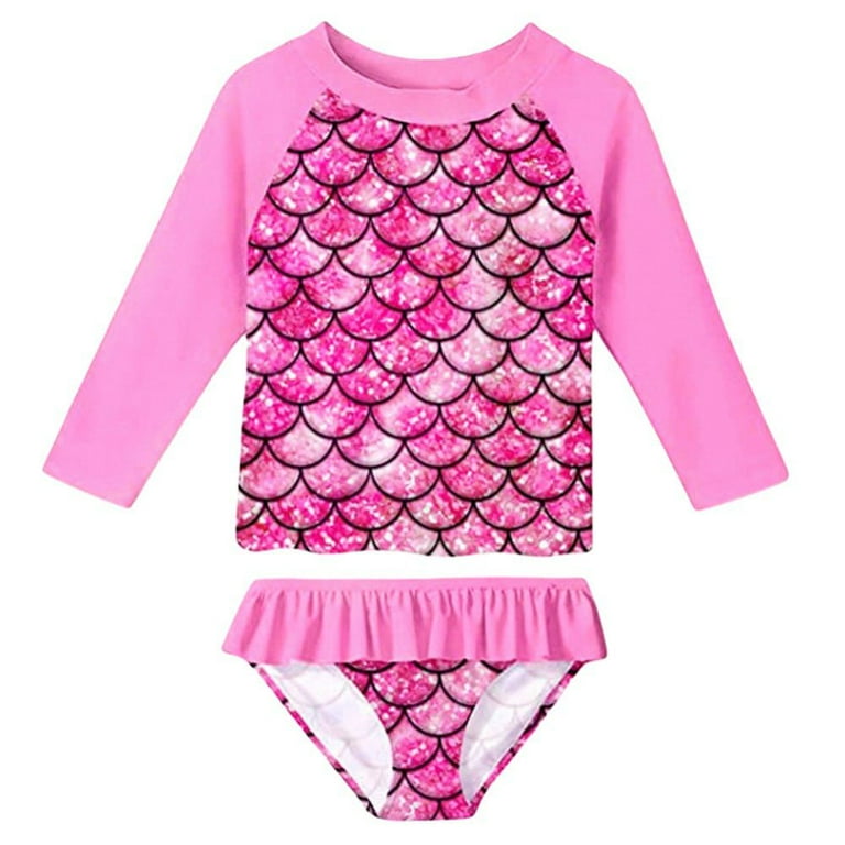 Cute Sequins Toddler Baby Girl Swimwear Long Sleeve UPF50 Infant Bathing Suits Bright Ruffle Swimsuit Kids Two Piece Beachwear