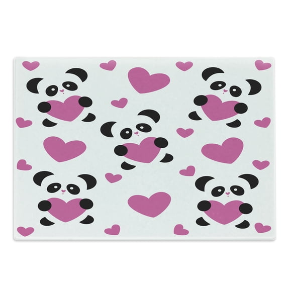 Love Cutting Board, Day of Love Pandas and Hearts Cartoon Cheerful Wildlife Fun Art, Decorative Tempered Glass Cutting and Serving Board, Large Size, Fuchsia Black White, by Ambesonne