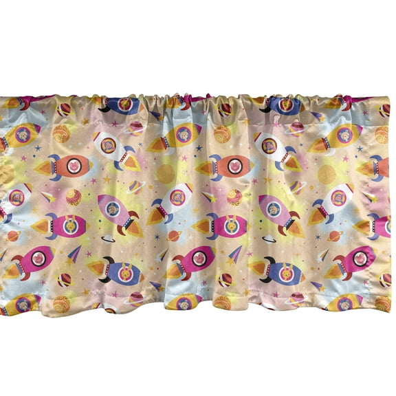 Ambesonne Space Window Valance, Animals in Rockets, 54" X 12", Earth Yellow Pale Peach
