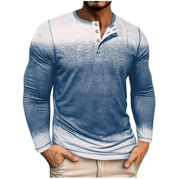 Maplenight Henley Shirts for Men Long Sleeve Button Vintage Shirts Gradient Color Relaxed Fit Casual Tops for Fall Winter