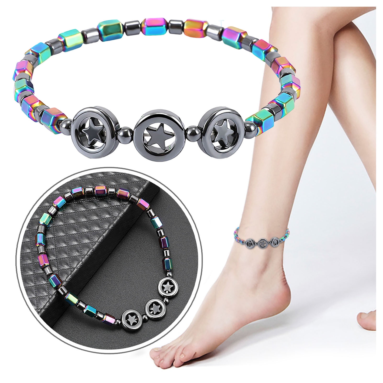 Xolikefi Round Circle Magnetic Hematite Anklet Magnetic Star Ankle Bracelet Beach Lady Anklet