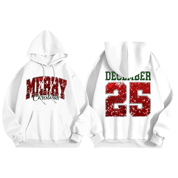 Arlun Christmas Hooded Sweatshirts for Women Merry Xmas Letter Print Hoodies Oversized Long Sleeve Drop Shoulder Drawstring Pullover Tops Winter Fall Fashion Festival Clothes White M