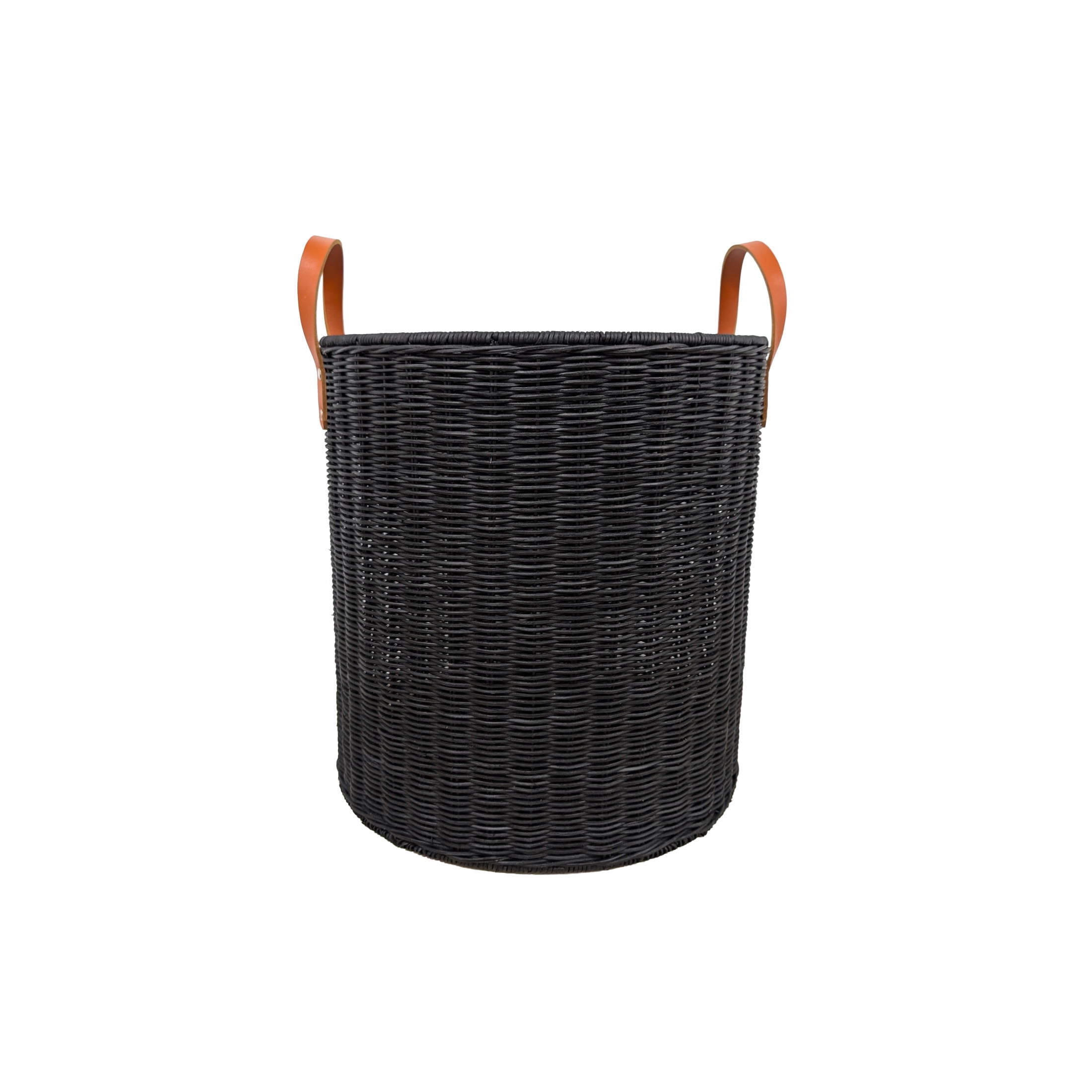 DecMode 16" x 20" Black Rattan Handmade Woven Storage Basket with Brown Leather Handles, 1-Piece