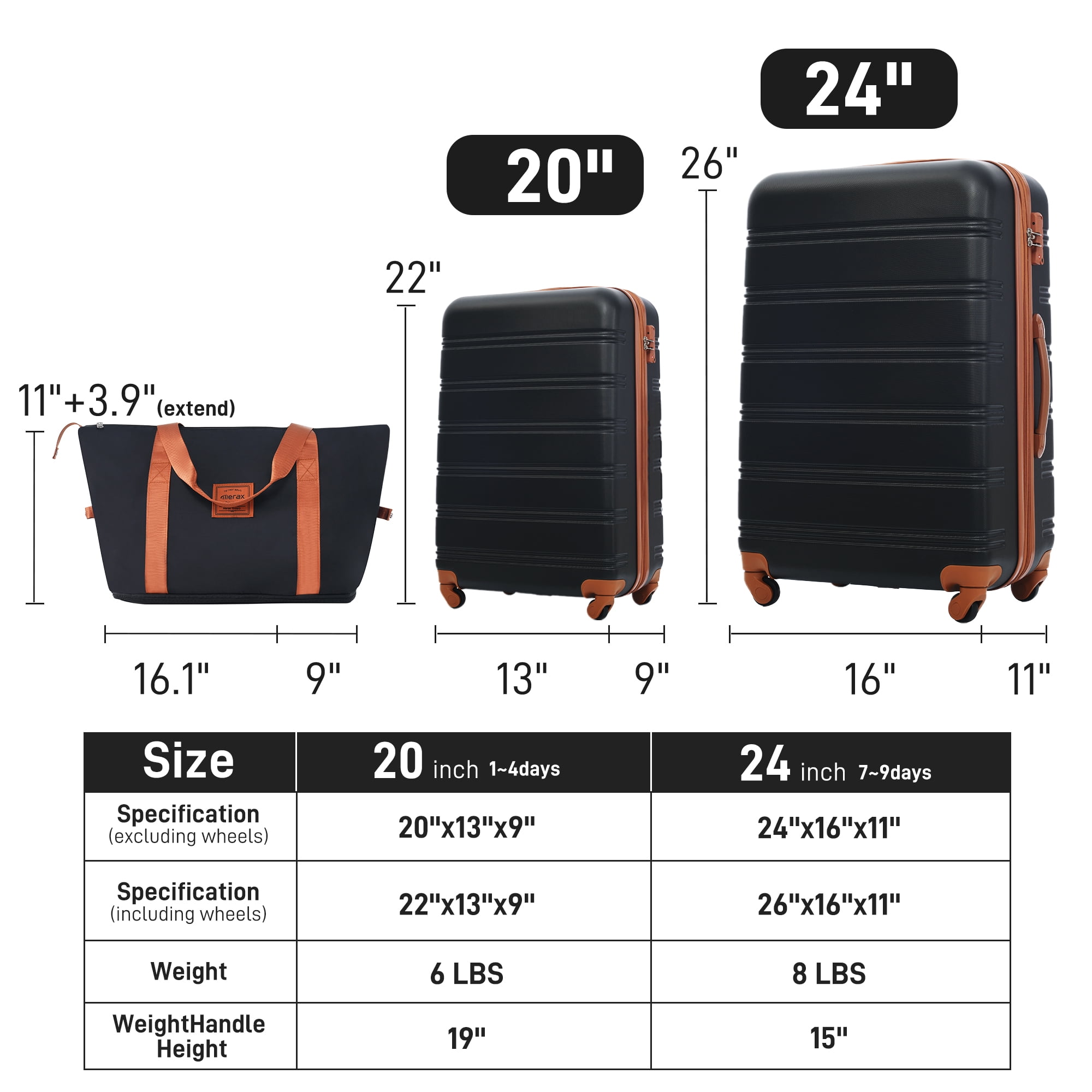 3 Piece ABS Hard Shell Luggage Sets with Big Travel Bag,Lightweight Suitcase with TSA Lock,Airline Certified Carry-on Luggage(20/24in),Black