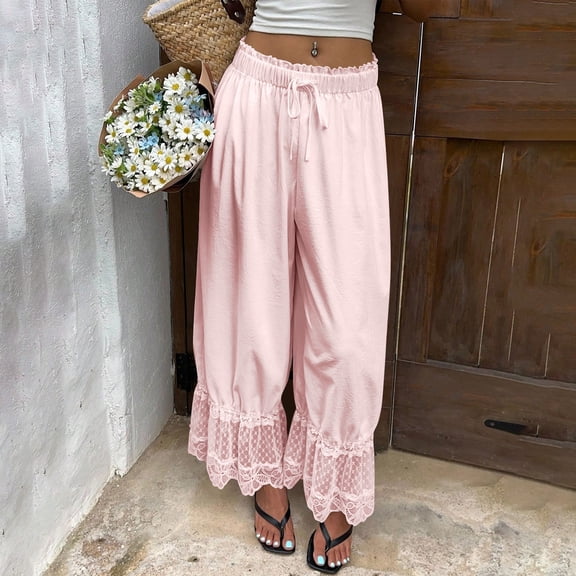 Palazzo Pants for Women Ruffle Lace Pants Boho Long Bloomers Vintage Pantaloons Summer Beach Travel Vacation Pants Trousers Pink M