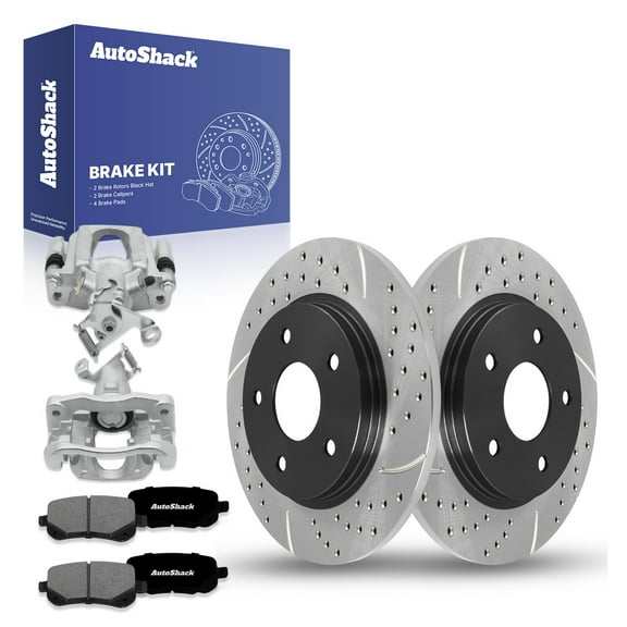 AutoShack Rear Solid Drilled & Slotted E-Coated Brake Rotors   Premium Ceramic Pads   Calipers 8-PC Brake Kit Replacement for 2009-2012 Dodge Journey ShadowGuard 12" (304.9 mm)
