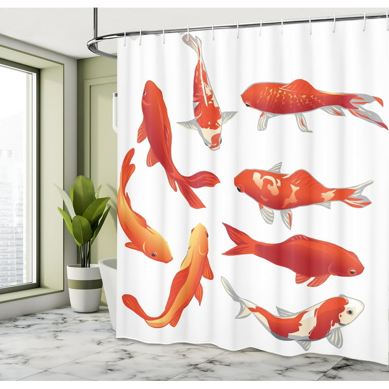 Ambesonne Fish Shower Curtain, Koi Shoal Chinese Animal, 69Wx70L, Orange  White 