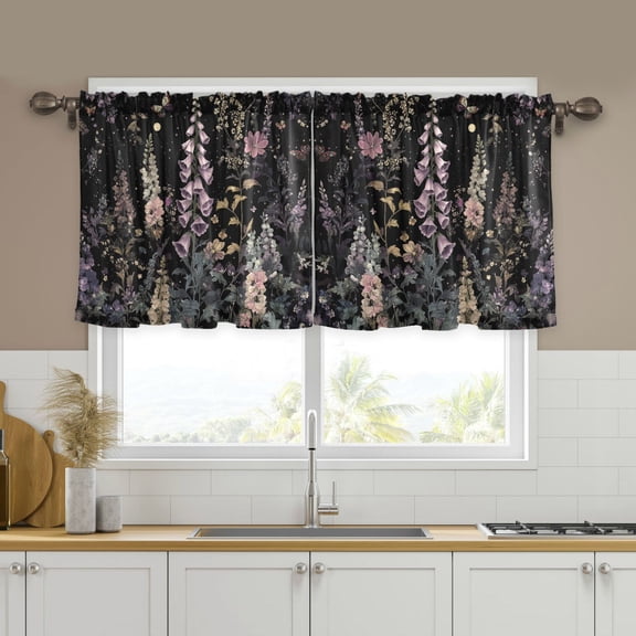 Yayeee Kitchen Curtains Tier Set of 2 Light Filtering 57"x24" Over Sink Window Panels, Dark Flowers Pattern